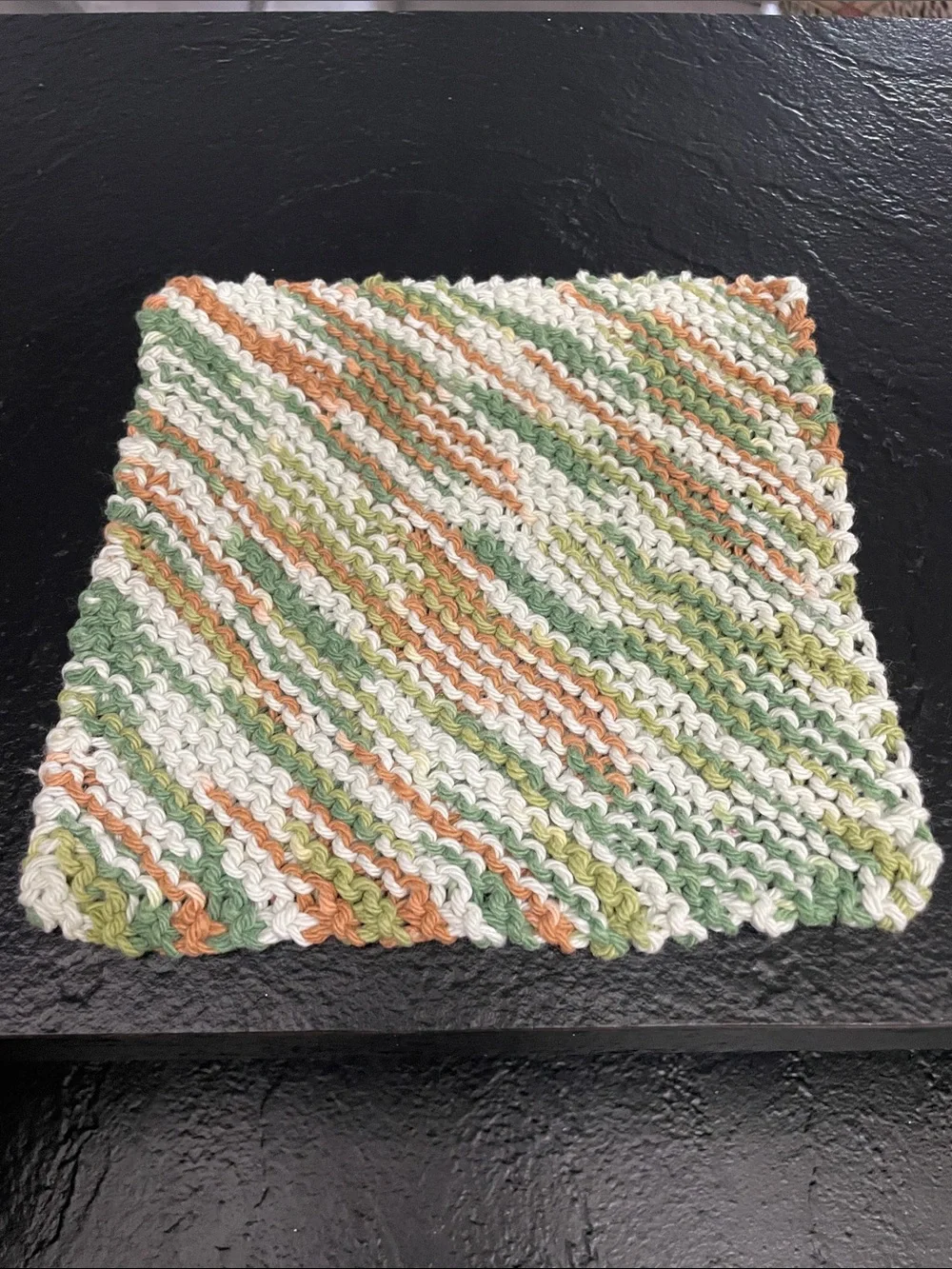 Handmade Knit Dishcloth Set - Green, Neutral, Yellow-Orange approx. 7x7